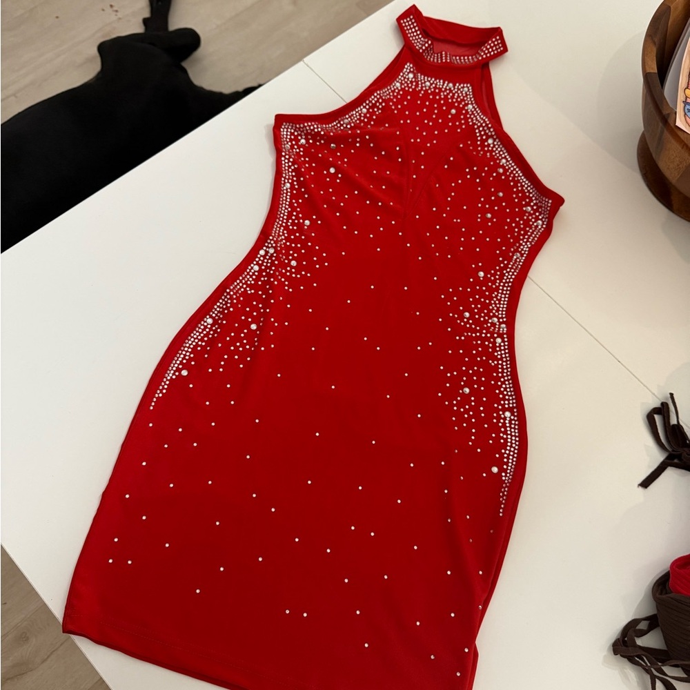 SHEIN Red Rhinestone Mini Dress
